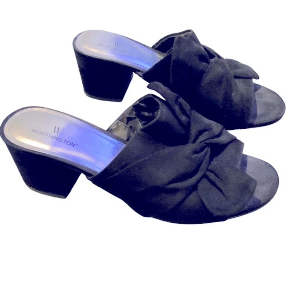 Worthington Shoes Black Microsuede 3 Inch Chunky Heels Bow Detail Sandals Size 8 - Picture 2 of 8